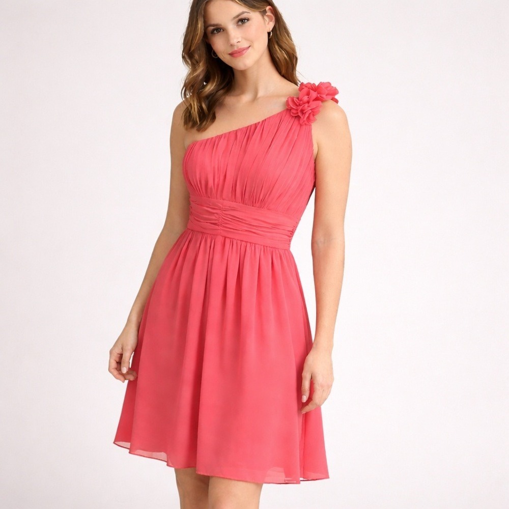 Mori Lee‎ Coral One Shoulder Knee Length Chiffon Dress Size 9/10 Formal